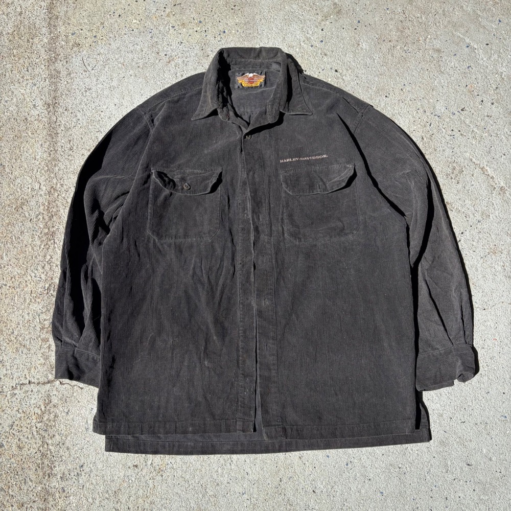 Harley Davidson Mens Black Corduroy Button Up Shirt Embroidered Logo Large